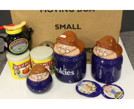 Collection of Tetley Tea and Marmite Advertising Items including Wade Tetley Tea items ( Two Cookie Jars, Teapot, Lidded Suga