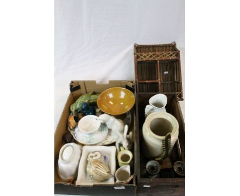 Mixed collectables to include; bamboo Spice rack, ceramic animals, Jelly Mould,. pair of Brass candlesticks, wooden Beer crat