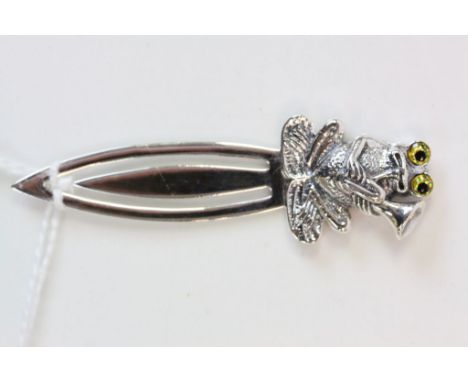 Silver Bookmark with a Frog Finial inset with Glass Eyes playing a Saxophone
