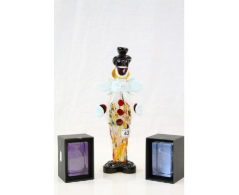 Murano Glass Clown, 34cms high together with Two Glass Paperweights etched to inside with designs of a Car and a Vase