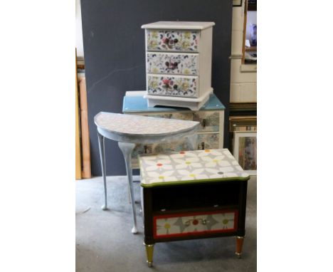 Four Items of Painted Furniture including Chest of Drawers, Demi-Lune Side Table, Three Drawer Bedside Chest and Lamp Table