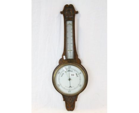 Early 20th century Oak Cased Barometer and Thermometer together with a Ukulele 