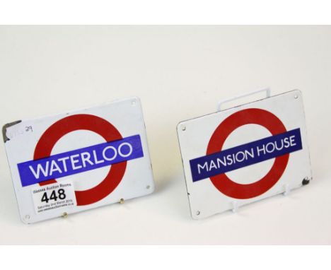 Two Small Garnier &amp; Co Limited Enamel Underground Style Station Signs ' Waterloo ' and ' Mansion House '