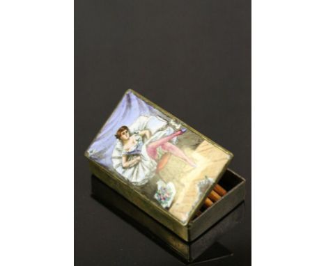 Enamelled brass vesta case depicting a Show Girl (enamel damaged)
