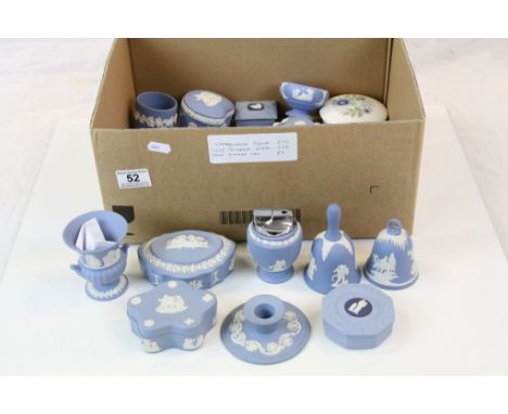 Collection of vintage Wedgewood Jasperware ceramics, to include Trinket boxes, Candlesticks, Bells and a Lighter etc