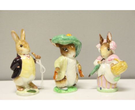 Three Beswick Beatrix Potter's Figures including Mrs Rabbit, Benjamin Bunny and Mr Benjamin Bunny, all BP-2  with Oval Gold B