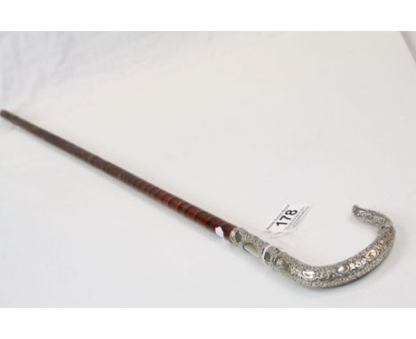 Vintage cane walking stick with ornate white metal &amp; Mother of Pearl handle, approx 82cm long