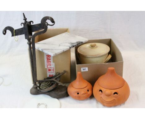 Three vintage ceramic Kitchen pots with lids and a 19th Century kitchen Scales set with marble base and ceramic pan marked "W