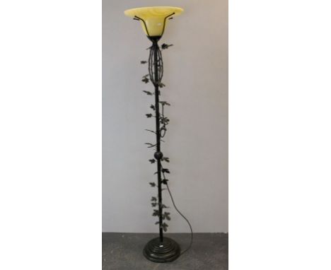 Up-lighter Standard Lamp with Mottled Yellow Glass Shade and Metal Stand wound with Metal Leaves, 185cms high