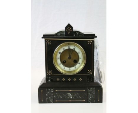Victorian Black Slate and Marble Mantle Clock with Gilt and White Enamel Face and Key, 29cms high