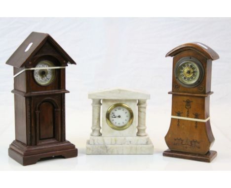 Early 20th Century miniature wooden cased Grandfather style Clock, another similar example with battery converted movement an