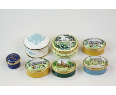Six Halcyon Days Enamel patch boxes together with a commemorative trinket pot and cover