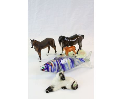 Beswick Brown Mare and Bay Foal applied on a Beswick Base together with a Beswick Siamese Cat, Murano Glass Fish and another 