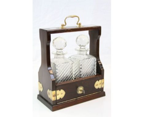 Wooden Cased Two Decanter Tantalus with Brass Mounts and Key