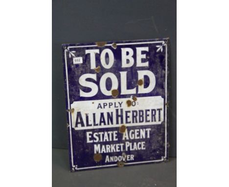 Vintage Enamel Estate Agents Sign ' To Be Sold, Apply to Allan Herbert, Estate Agent Market Place Andover ', 57cms x 45cms