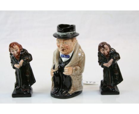 Three Royal Doulton ceramic items to include a Winston Churchill Toby jug approx 13.5cm tall and two Fagin characters