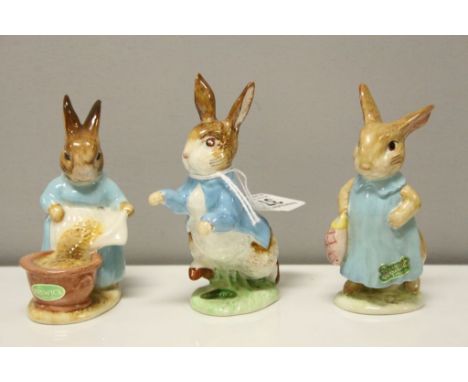 Three Beswick Beatrix Potter's Figures including Peter Rabbit, Mrs Flopsy Bunny and Cecily Parsley, all BP-2  with Oval Gold 