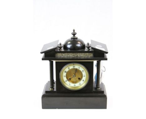 Victorian Black Slate Mantle Clock of Architectural Form, the Gilt and White Enamel Dial marked Geo. E Stay, Cardiff and Key,