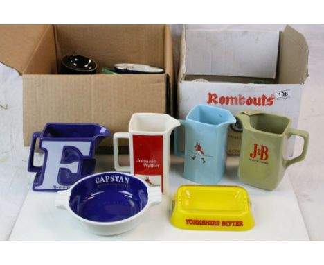 Collection of vintage ceramic Pub Jugs and Ashtrays with advertising to them in two boxes