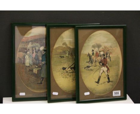 Three framed &amp; glazed hand coloured Prints entitled "Hunting 1802", "Shooting 1820" &amp; "Coaching 1820", each measuring