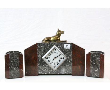 French Art Deco Marble Mantle Clock with Garnitures and Spelter Alsatian, the silvered dial marked "8 Jours"