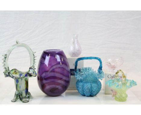 Two boxed Caithness Glass vases, three Murano style Basket vases and another Art Glass vase