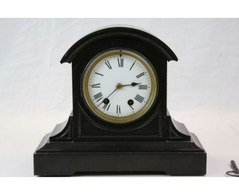 Victorian Slate Mantle Clock with Domed Top and White Enamel Dial and Key, 28cms high