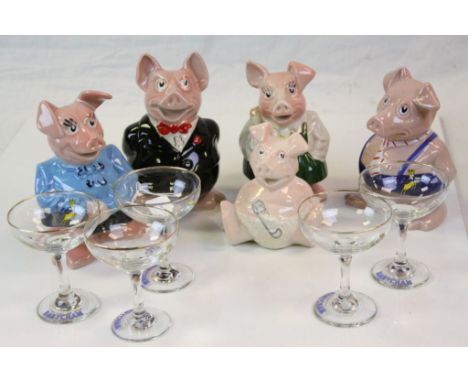 Five wade ceramic Natwest Pig Money boxes plus five Babycham glasses