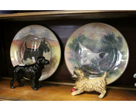 Beswick ceramic Black Spaniel, a Cairn Terrier &amp; two Royal Doulton plates depicting Dogs