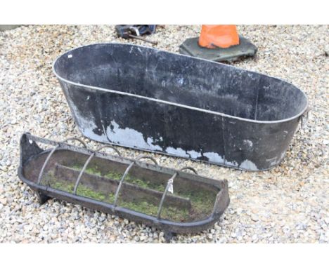 Vintage Galvanised Bath 122cms long together with an Old Iron Pig Trough 92cms long