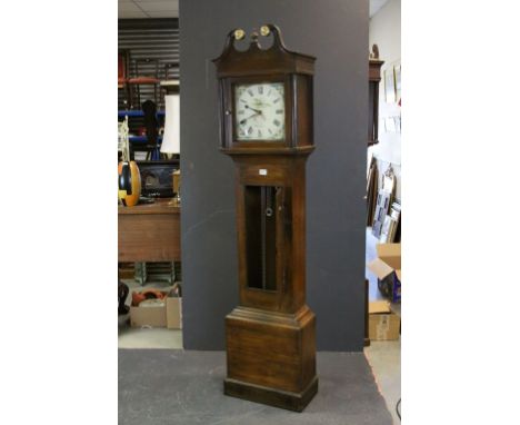 19th century Oak 30 Hour Longcase Clock, the hood with Swan Neck Pediments, Roundels and Central Finial, the Painted Face mar