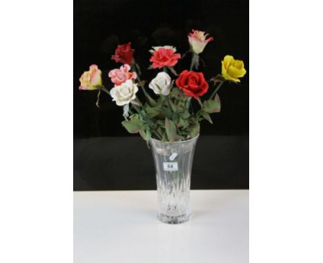 Sorrento cut glass vase with 10 Capodimonte Roses, vase approx 25cm tall