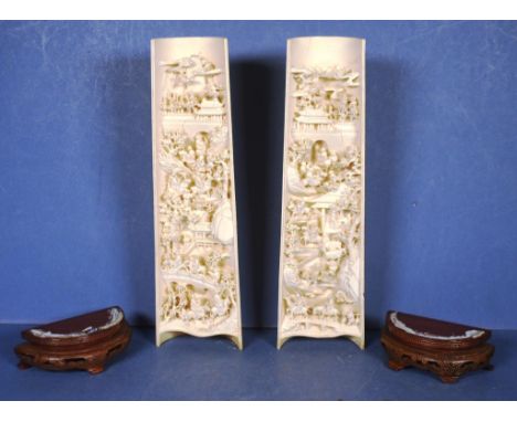 Two carved Antique Chinese ivory village scenes on original timber stands, intricately carved,  31cm high (with stand) approx