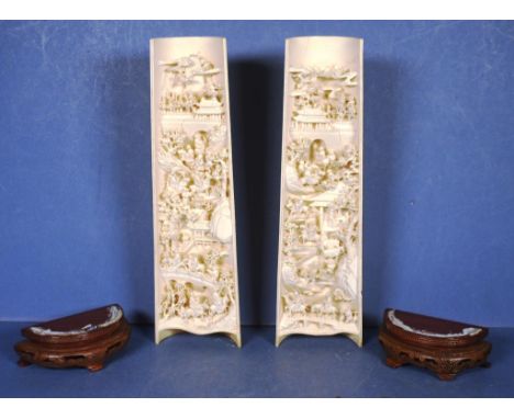 Two carved Antique Chinese ivory village scenes on original timber stands, intricately carved,  31cm high (with stand) approx