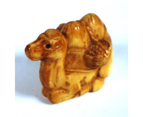 Vintage Japanese ivory netsuke camel figure, signed to base. Export of this item would be subject to CITES approval.  Height 