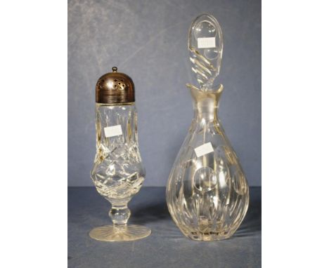 Waterford cut crystal & silver plate sugar castor together with a cut crystal liquor decanter, height 26.5cm approx (tallest)