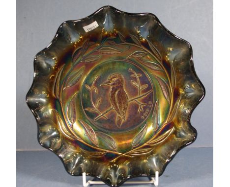 Australian carnival glass Kingfisher master bowl black amethyst, with gum-leaf wreath border. Diameter 24cm approx.