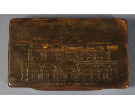 Victorian horn snuff box & contents lid with impressed Venetian scene, (length 9cm approx); together with a micro-mosaic of a