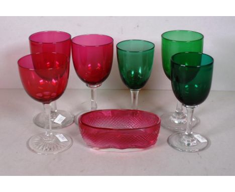 Six various early coloured glasses to included Bristol green, together with a ruby red dish