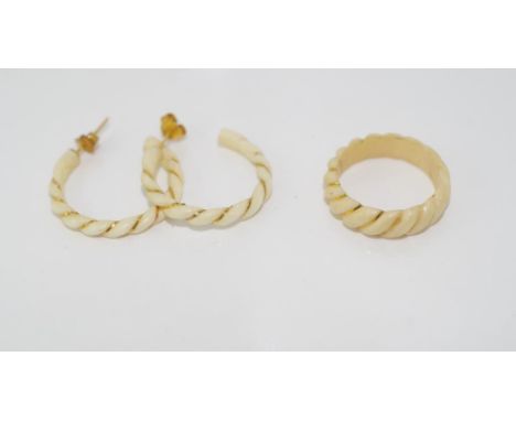 Vintage ivory earrings and ring circa 1950s, earrings with 14ct backs, ring approx M1/2 / 6. NB This item may not be exported