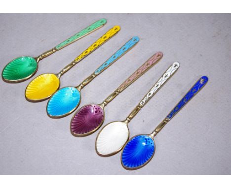 Set six silver & enamel teaspoons Birmingham 1965, makers Turner & Simpson, gilded handles and bowls. (Small enamel chip to h
