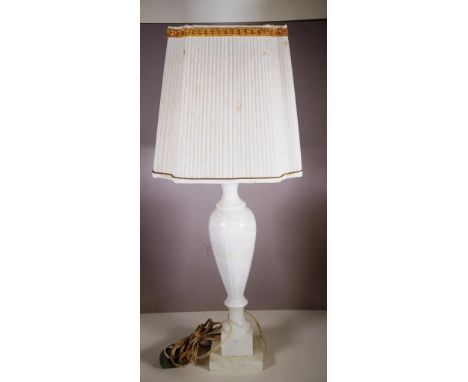 Alabaster table lamp height 48cm approx (base), with fabric shade.