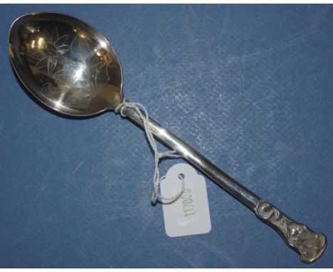 Chinese silver dessert spoon engraved decoration to bowl, embossed  finial. Character marks verso. Length 18cm approx. Weight
