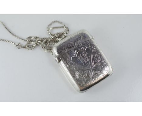 An hallmarked silver vesta on a silver box chain