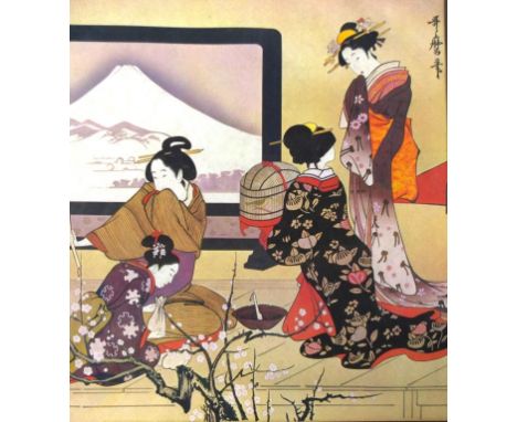 Framed Japanese print of Geishas printed signature upper right. 50cm X 46cm approx.