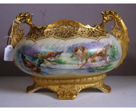 Vintage Royal Vienna porcelain bowl hand painted floral decoration, on cream ground, dual handled and gilded pierced rim, on 