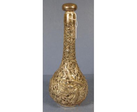 Vintage Chinese Tianjin silver cased decanter pierced case with embossed dragon decoration, silver stopper. Monogram to colla