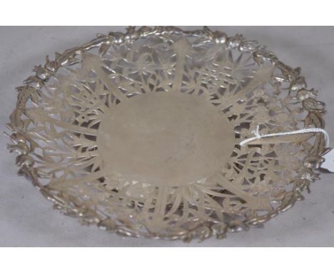 Vintage Chinese silver serving dish pierced blossom and foliage decoration, embossed fruit to rim, marked 'STERLING' to base.