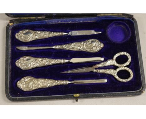 Cased sterling silver manicure set missing rouge pot
