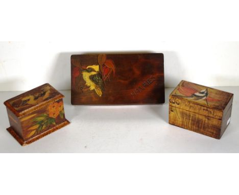 Three vintage Australian pokerwork boxes including kookaburra decorated, (small rim losses to 2 corners), and wren decorated,